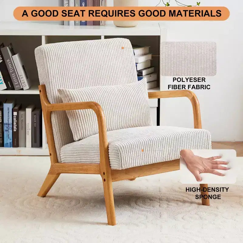 Mid-Century Modern Accent Chair with Pillow, Solid Wood Legs, Upholstered