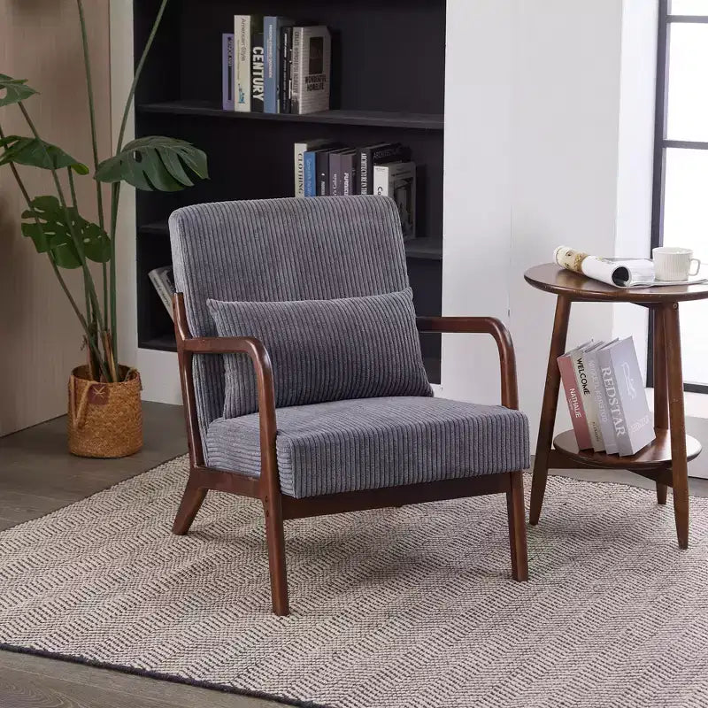 Mid-Century Modern Accent Chair with Pillow, Solid Wood Legs, Upholstered
