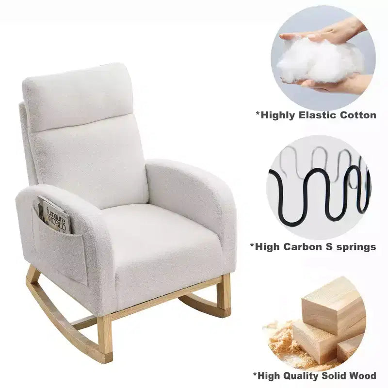 Upholstered Rocking Accent Chair with High Backrest and 2 Side Pockets