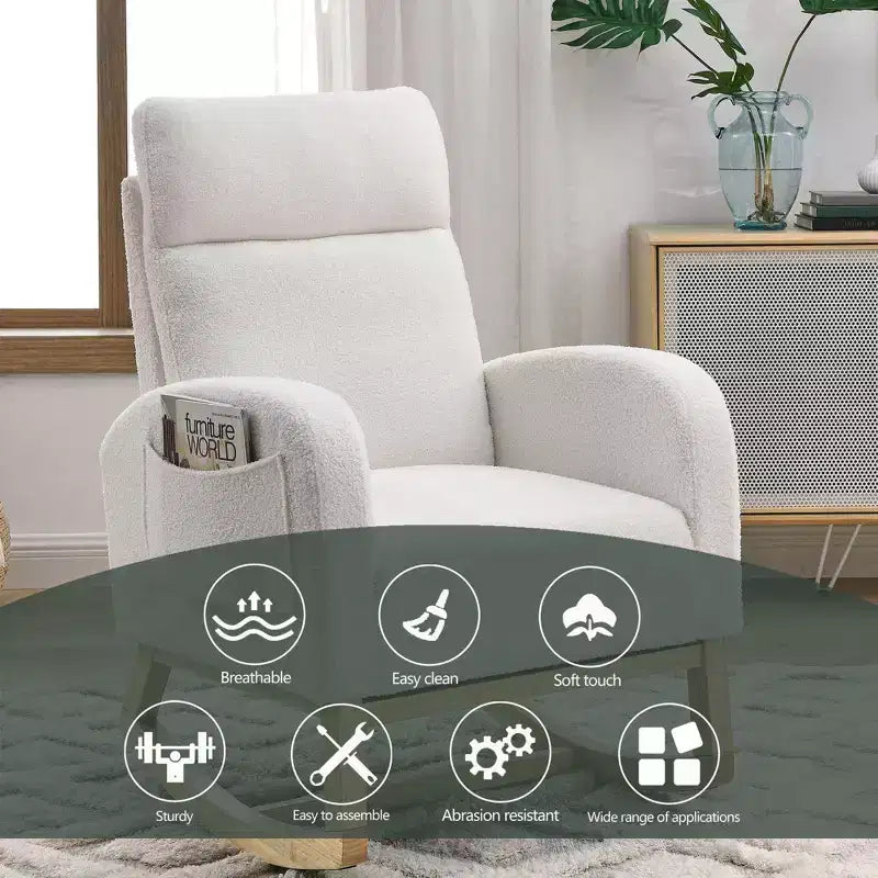 Upholstered Rocking Accent Chair with High Backrest and 2 Side Pockets