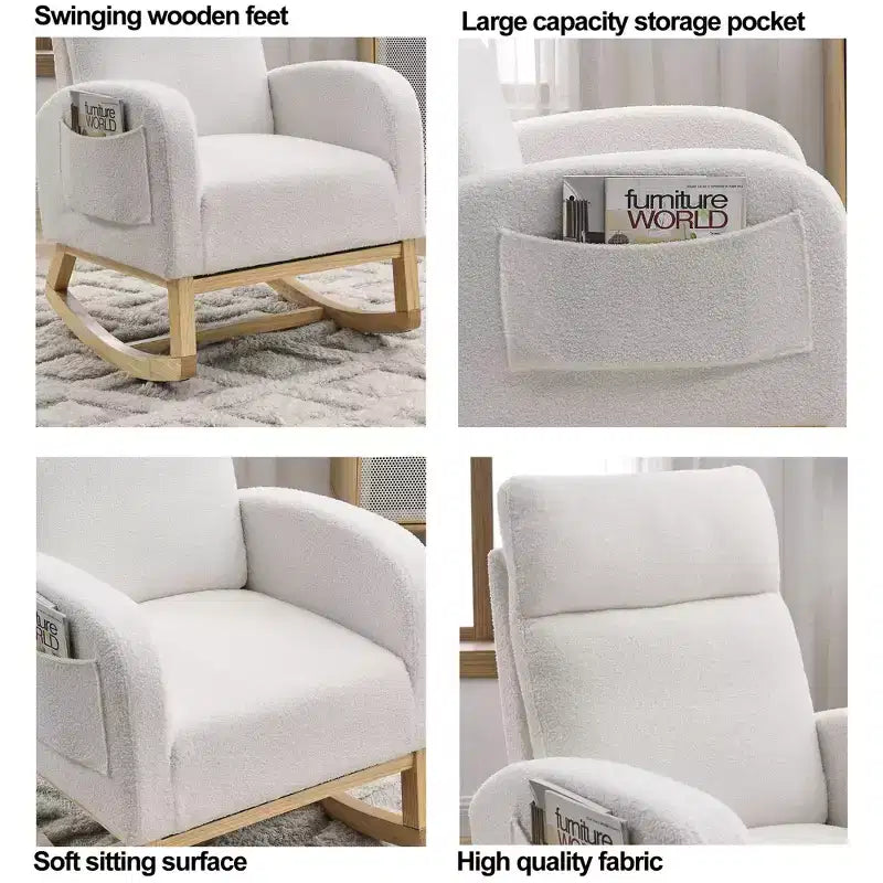 Upholstered Rocking Accent Chair with High Backrest and 2 Side Pockets