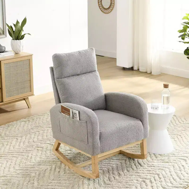 Upholstered Rocking Accent Chair with High Backrest and 2 Side Pockets