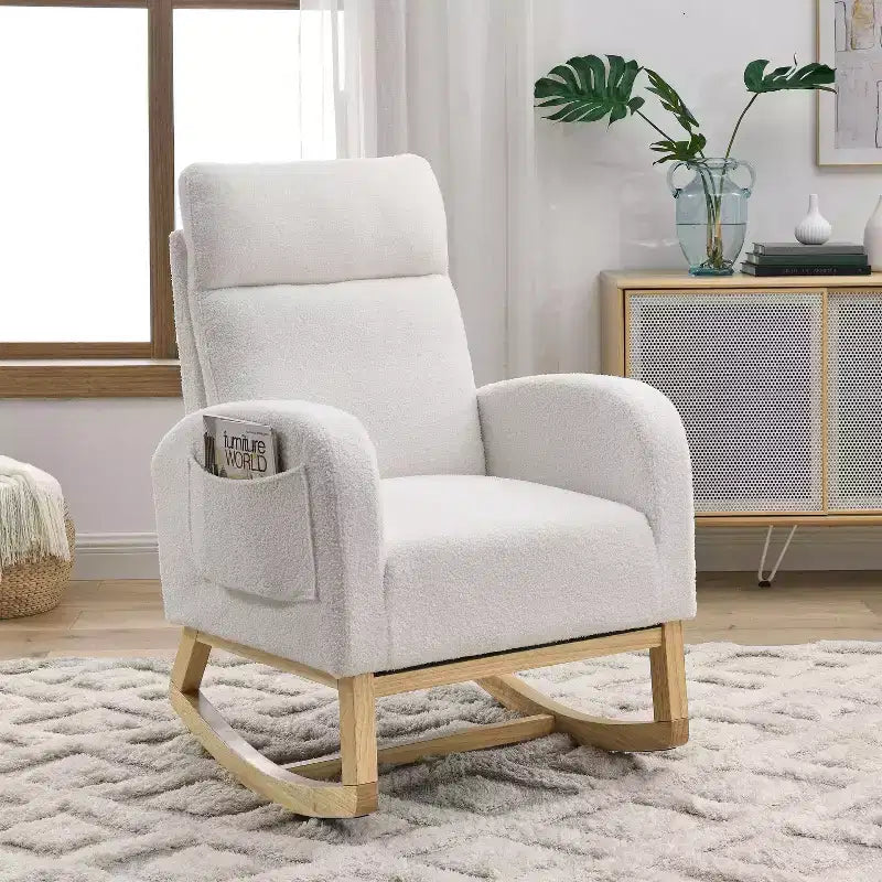 Upholstered Rocking Accent Chair with High Backrest and 2 Side Pockets