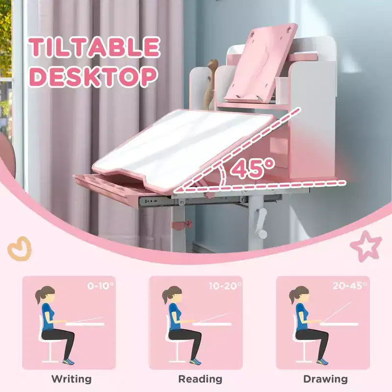 TUYOHW Kids Desk and Chair Set,Desk with Height Adjustable & Tilt Desktop,Storage Drawer,Reading Rack,Childrens Study Desk for Writing,Ages 3-12