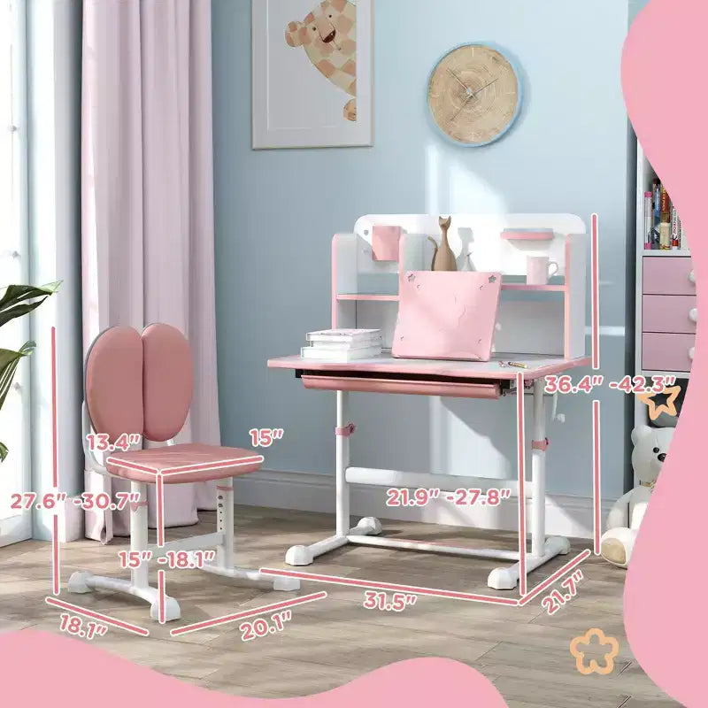 TUYOHW Kids Desk and Chair Set,Desk with Height Adjustable & Tilt Desktop,Storage Drawer,Reading Rack,Childrens Study Desk for Writing,Ages 3-12