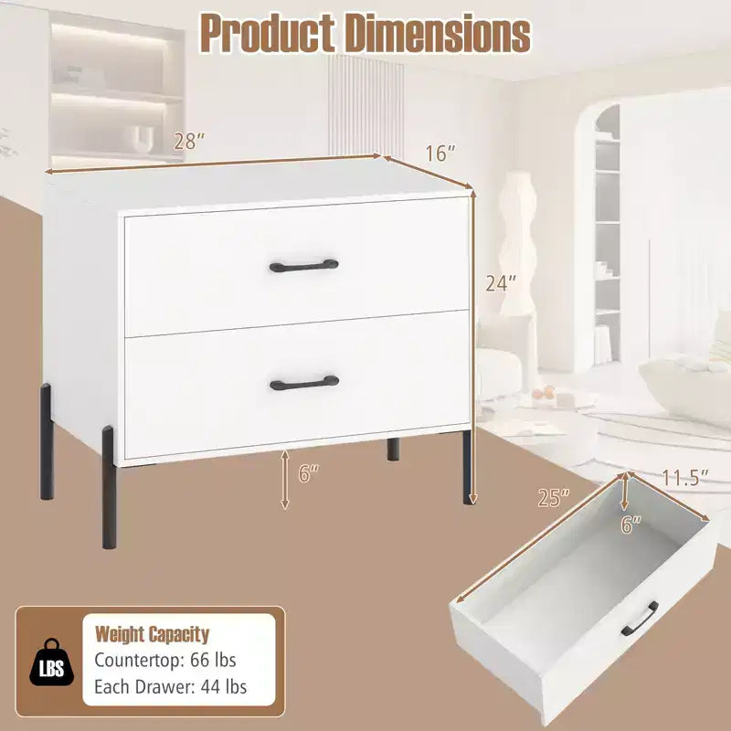 Set of 2 Modern 2-Drawer Dressers with Metal Legs and Anti-Tipping Kits