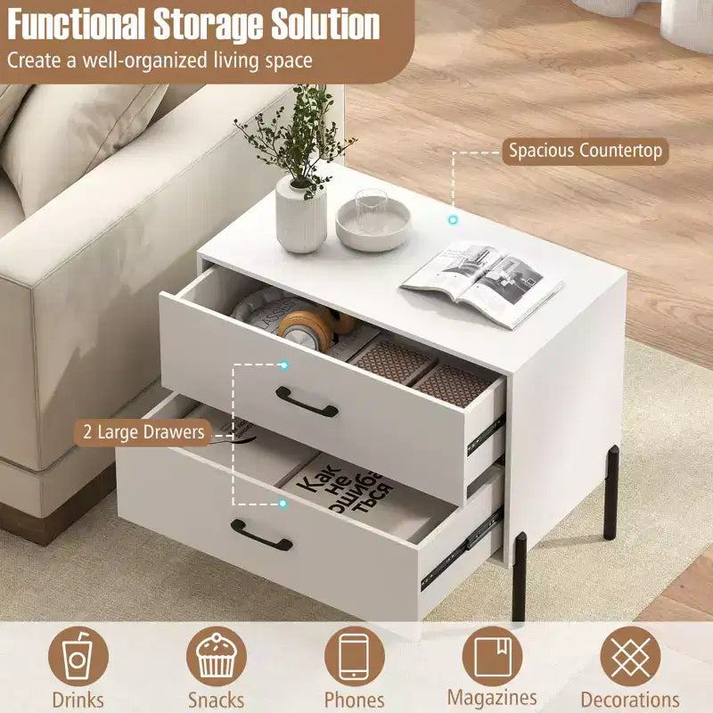 Set of 2 Modern 2-Drawer Dressers with Metal Legs and Anti-Tipping Kits