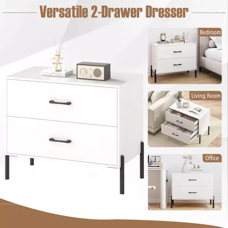 Set of 2 Modern 2-Drawer Dressers with Metal Legs and Anti-Tipping Kits