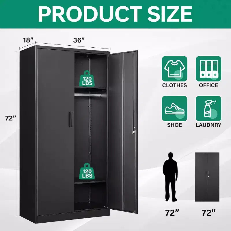 Heavy Duty Metal Wardrobe Cabinet with Lock, 72x36x18, Home Gym Office
