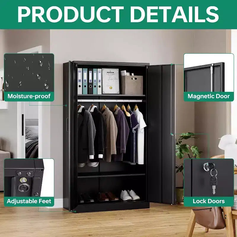 Heavy Duty Metal Wardrobe Cabinet with Lock, 72x36x18, Home Gym Office