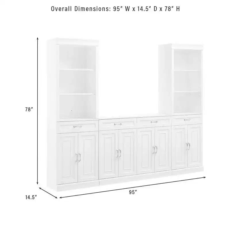 78-Inch 3-Piece Sideboard and Bookcase Set, White, Traditional Farmhouse Style