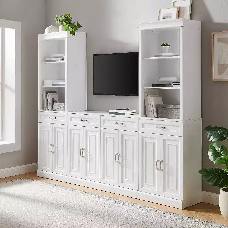 78-Inch 3-Piece Sideboard and Bookcase Set, White, Traditional Farmhouse Style