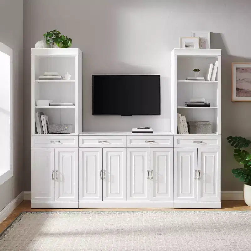 78-Inch 3-Piece Sideboard and Bookcase Set, White, Traditional Farmhouse Style