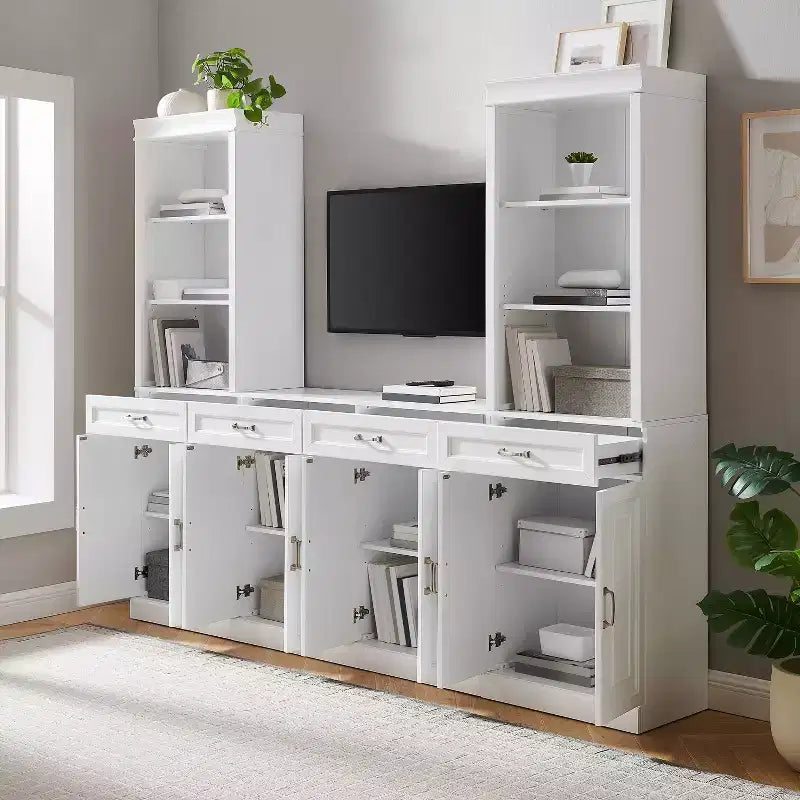 78-Inch 3-Piece Sideboard and Bookcase Set, White, Traditional Farmhouse Style