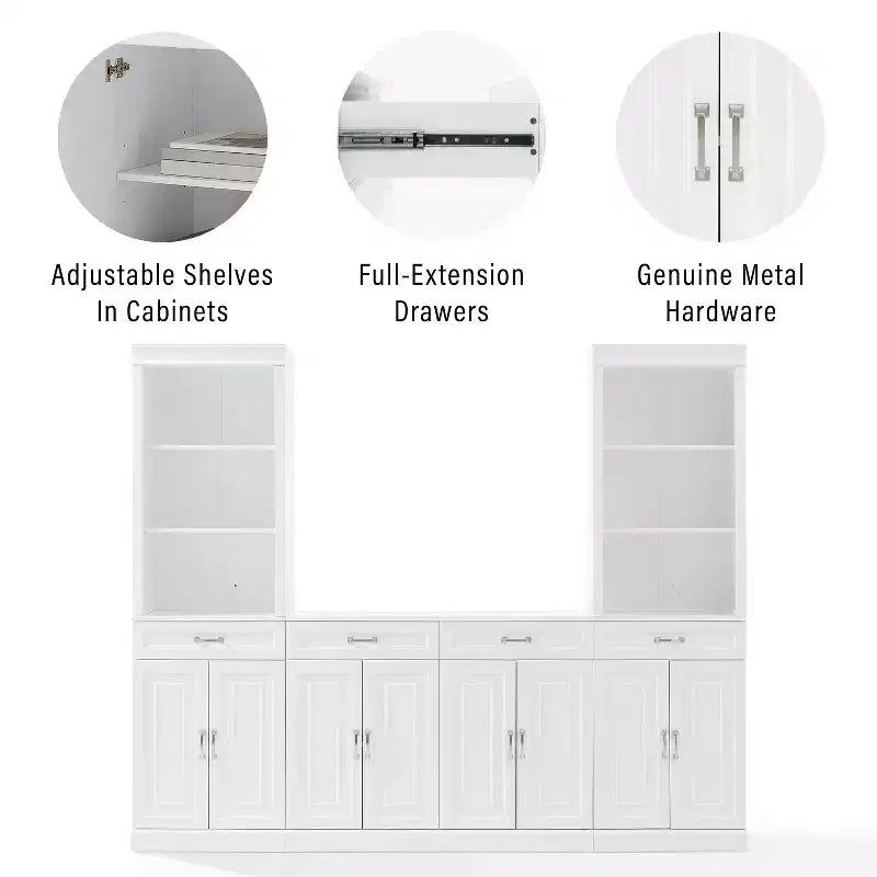 78-Inch 3-Piece Sideboard and Bookcase Set, White, Traditional Farmhouse Style