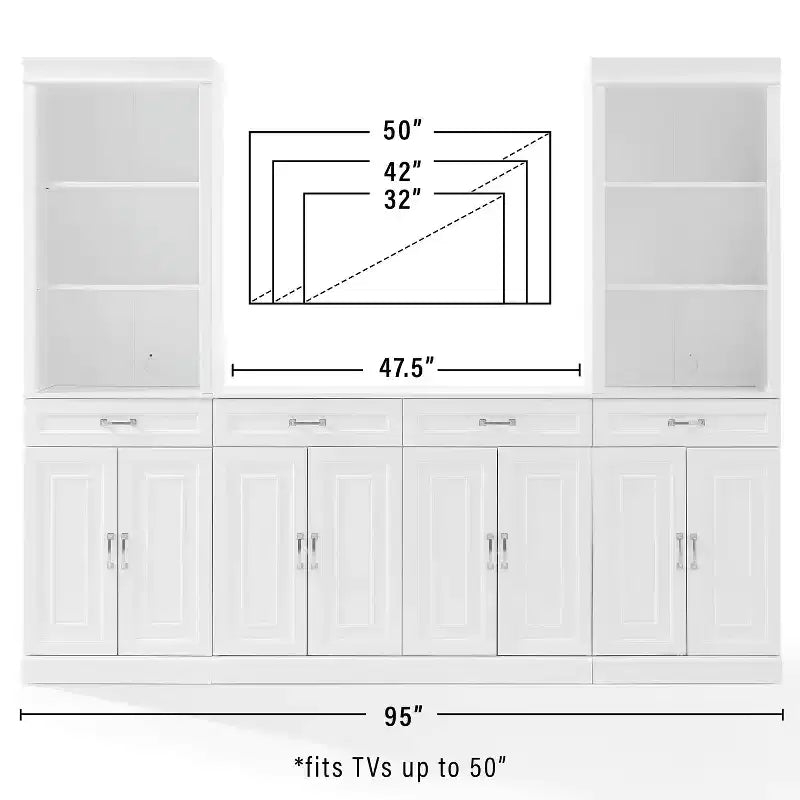 78-Inch 3-Piece Sideboard and Bookcase Set, White, Traditional Farmhouse Style