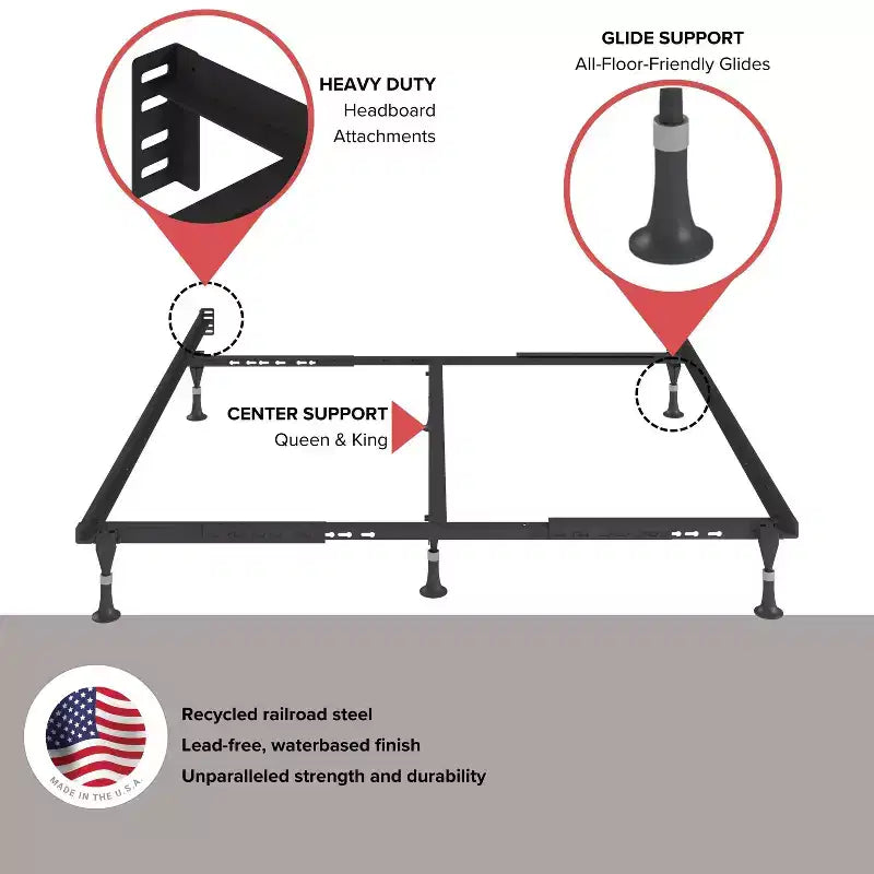 Twin/Full Atlas Lock Metal Bed Frame, Black, 1500 lb Capacity, Made in USA