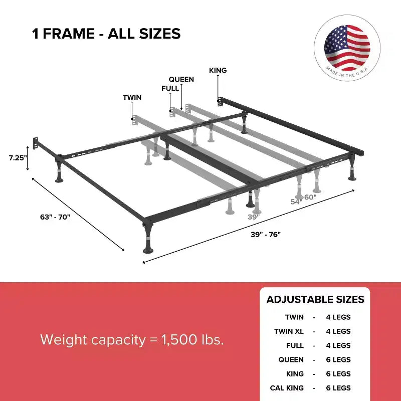 Twin/Full Atlas Lock Metal Bed Frame, Black, 1500 lb Capacity, Made in USA