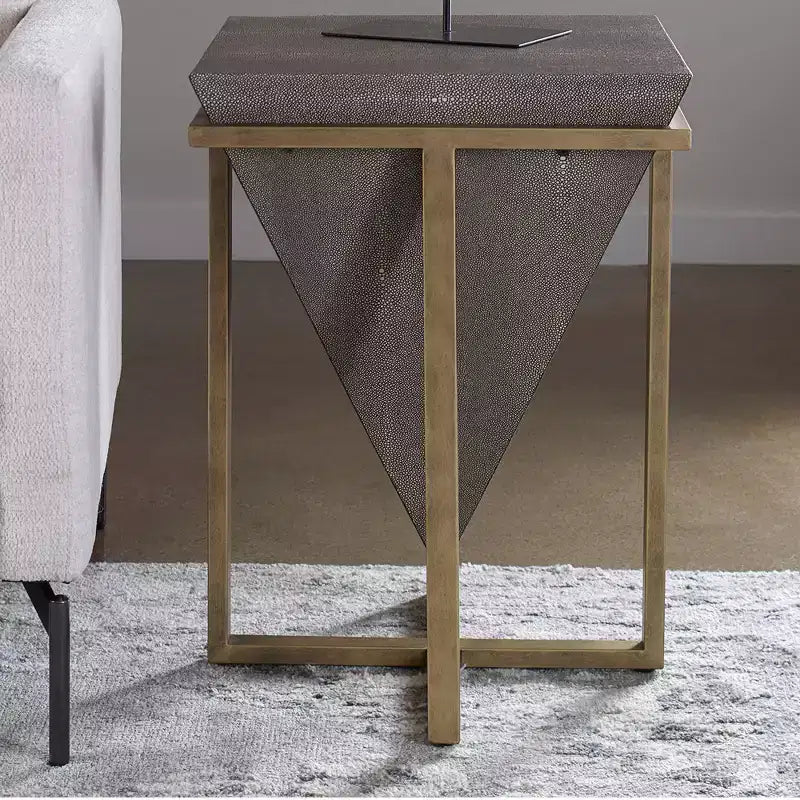 Uttermost Modern Aged Gold Square Accent Table 18 1/4 Wide Gray Faux Shagreen Leather Pyramid Tabletop for Living Room Bedroom