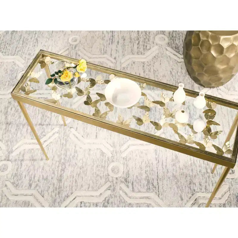 Glam Gold Console Table with Glass Top and Hairpin Legs, 42x12x30 Inches