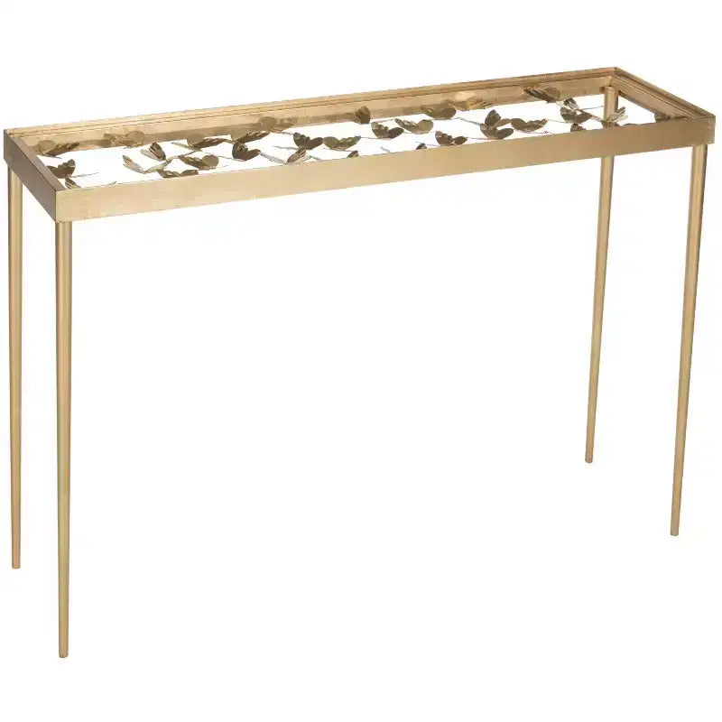 Glam Gold Console Table with Glass Top and Hairpin Legs, 42x12x30 Inches